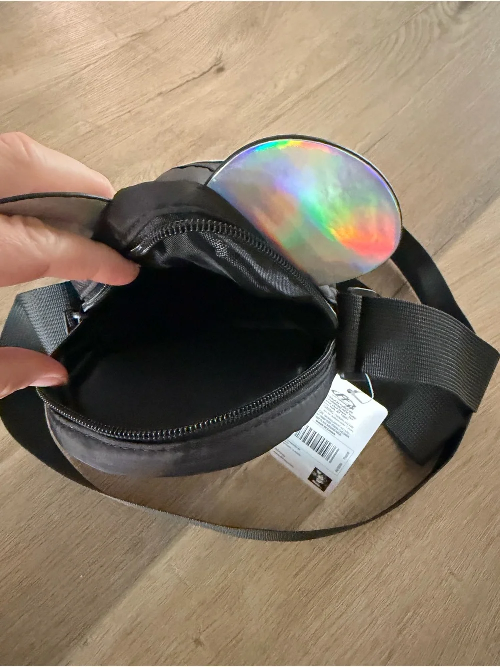 Black Holographic Accent Crossbody Bag water bottle sling bag with Mickey Mouse